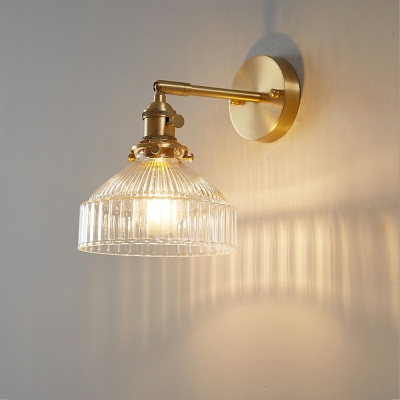 Gold Metal Arm Industrial Wall Lamp Cone Rippled Glass 1-Bulb Wall Sconce