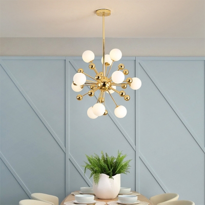 Gold Starburst Pendant Ceiling Lamp Novelty Modern Metal Chandelier Light Fixture with White Glass Globe Shade