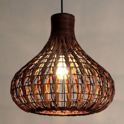 Gourd Ceiling Lamp Asian Rattan Single Bulb Suspended Lighting Fixture for Bedroom