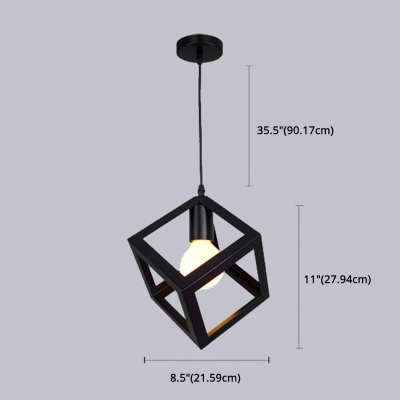 Industrial Metal Frame Pendant Light Square Wrought Iron 1-light 8.5 Inchs Wide Lighting Fixture for Coffee Shop Bar in Black
