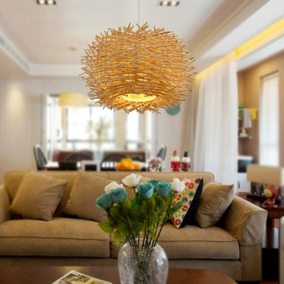 Nest Design Round 1-Head Pendant Asian Style Living Room Beige Rattan Hanging Lamp