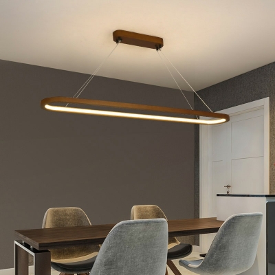 Oval Shade Island Light Fixture Modernist Metal 8 Inchs Wide Dining Room Pendant in Dark Wood