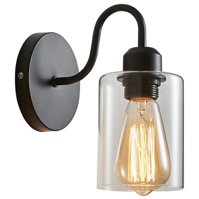 Swan-Neck Metal Arm Black Wall Sconce Industrial Cylinder Clear Glass 1-Bulb Wall Lamp