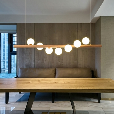 Wooden Design Modern Island Light White Glass Ball Shade Modern Hanging Lamp for Restaurants