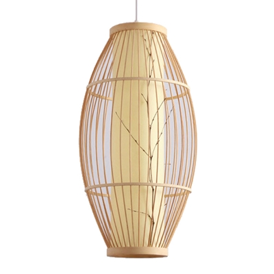 Asian 1-Light Hanging Light Wood Barrel Pendant Lighting Fixture with Bamboo Cage Shade in Beige