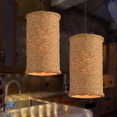 Beige Cylinder Shade Hanging Lamp Rustic Stylish Manila Rope Pendant Light for Bar Cottage