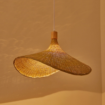 Beige Shade 1-Bulb Pendant Asian Style Restaurant Rattan Straw Hat Hanging Lamp