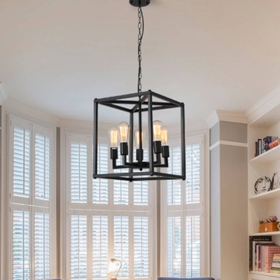 Cube Frame Metal Suspension Lighting Black Upwards Industrial Chandelier for Living Room