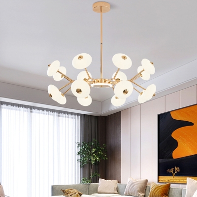 Gold Metal Arm Radial Suspension Lighting Modern Living Room Round Acrylic White Shade Chandelier