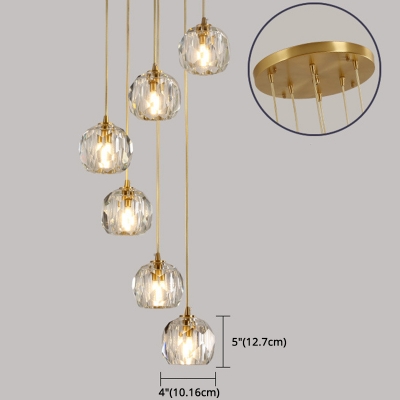 Gold Metal Round Canopy Modern Living Room Duplex Lamp Clear Crystal-Block Pendant