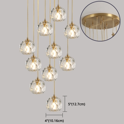 Gold Metal Round Canopy Modern Living Room Duplex Lamp Clear Crystal-Block Pendant
