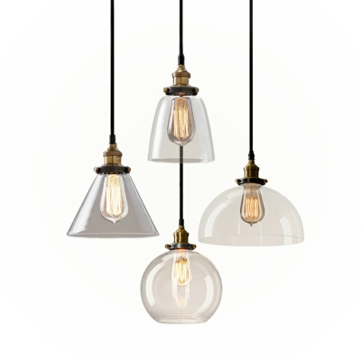 Industrial Style Mini Lighting Pendant 1 Light Transparent Glass Shade Bedroom Hanging Light in Brass