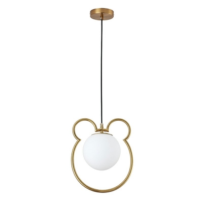Little Bear Lines Frame Hanging Light with White Glass Ball Shade 9.5 Inchs Wide Golden Mini Pendant Fixtures for Bedroom