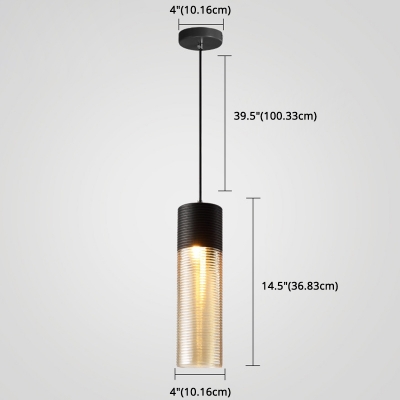 Metal Hanging Light Modernism Ribbed Glass 1 Light Pendant Lamp in Black for Dining Room