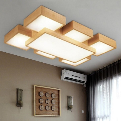 Rectangle Semi Flushmount 47 Inchs Long Modern Design Wooden 7 Lights LED Ceiling Lamp for Hotel Hall