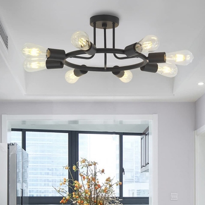 Bare Bulb Industrial Ceiling Light with 8 Light Metal Circle Ceiling Mount Semi Flush Ceiling Light for Living Room