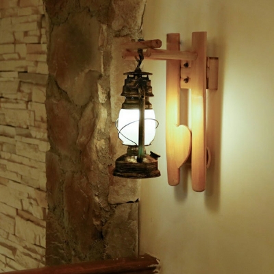 Bark Wood Lantern Wall Light with Wood Base Single Light Lodge Style Wall Sconce for Hallway