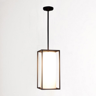 Black Frame Rectangle Pendant Modern Living Room Beige Fabric Cylinder 1-Head Hanging Lamp