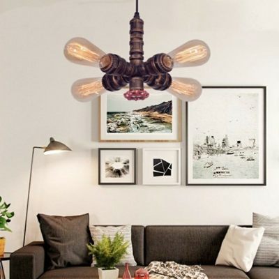 Copper Radial Pendant Industrial Living Room Metal Water Pipe 4-Bulb Hanging Lamp