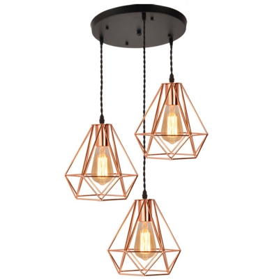 Dining Table Diamond Cage Pendant Light Metal Industrial Rose Gold Finish Hanging Light