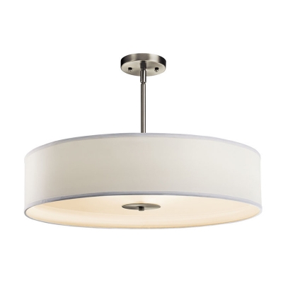 Drum Shade Modern Living Room Pendant White Fabric 1-Light Hanging Lamp
