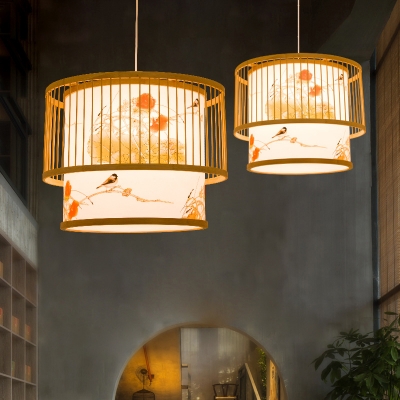Drum Shape Bamboo Pendant Asian 1 Bulb Hanging Ceiling Light with Print Shade Inside in Light Wood