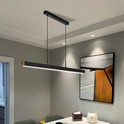 Frosted Modern Minimalism LED Island Light Rubber Wood + Iron Long Strip Kitchen Hanging Pendant in Black with 59