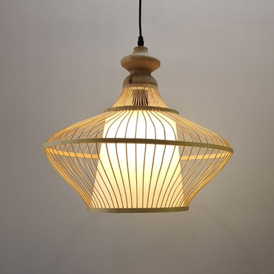 Jar Design Asian Style Restaurant Pendant Beige Bamboo Cage 1-Light Hanging Lantern