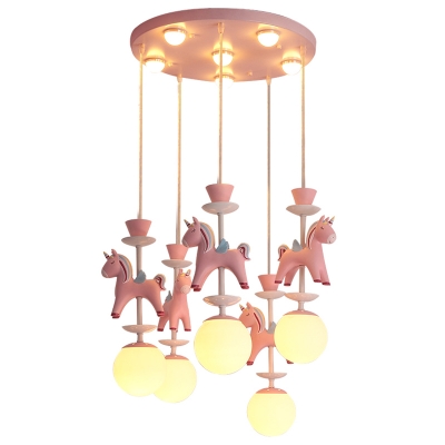 Kids Bedroom Macaron Metal Cartoon Carousel Pendant Ball White Glass Hanging Lamp
