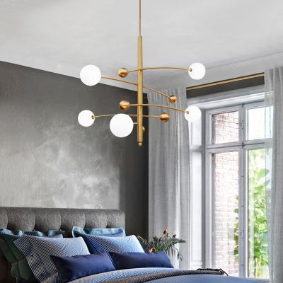 Nordic Style Gold Suspension Light with Globe Shade 27.5 Inchs Wide 5 Lights Opal Glass Chandelier for Restaurant