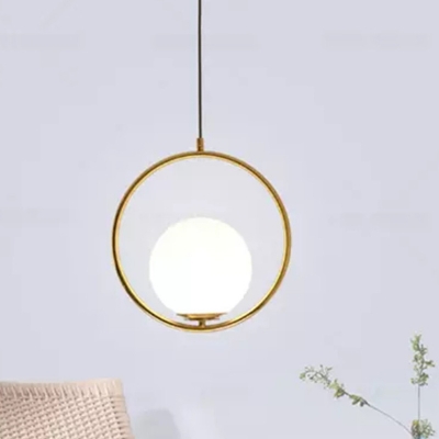 Opal Glass Ball Drop Pendant Postmodern 1 Bulb Hanging Ceiling Light with Ring Guard
