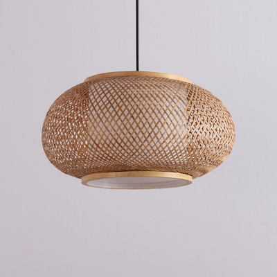 Rounded Drum Pendant Light Chinese Bamboo Single Bulb Beige Ceiling Suspension Lamp in Wood