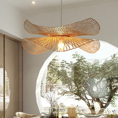 Ruffle Restaurant Pendant Lighting Bamboo 1 Head Contemporary Ceiling Hang Light in Wood