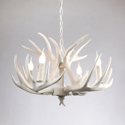 White Antler Pendant Lighting with Candle Design Country Style Resin Chandelier with 19.5 Inchs Height Adjustable Chain