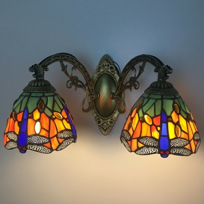 2 Heads Bathroom Vanity Mirror Lights Tiffany Dragonfly Glass Shade Vanity Wall Sconce
