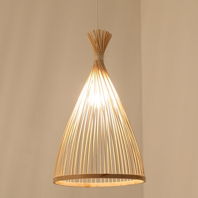 Beige Cone Shade Pendant Asian Style Dining Room Bamboo Cage 2-Bulb Hanging Lamp