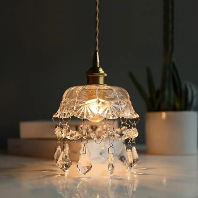 Bell Clear Glass Shade Hanging Lantern Modern Living Room Gold Metal Chain 1-Bulb Hanging Lamp with Crystal Pendant