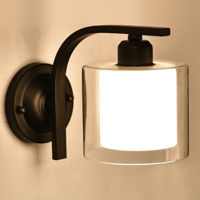 Black Single-Light Wall Sconce Retro Clear and Frosted Glass Cylindrical 8 Inchs Height Wall Mount Light for Bedroom