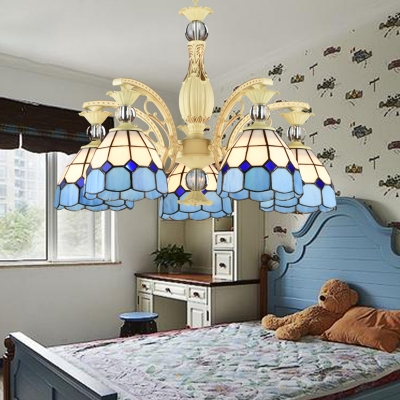 Blue Domed Chandelier Pendant Light Mediterranean Stained Glass Hanging Lamp with 19.5 Inchs Height Adjustable Chain