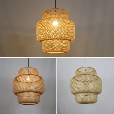 Cylinder Cage Asian Style Living Room Pendant Beige Bamboo 1-Bulb Hanging Lantern
