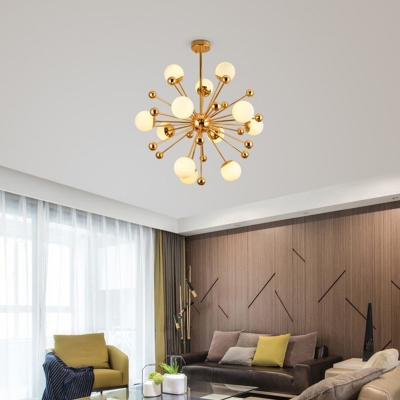 Dandelion Design Radial Metal Arms Gold Suspension Lighting Modern Living Room Ball White Glass Chandelier