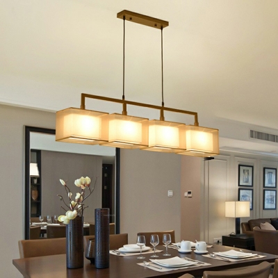 Double-layer Fabric Shade Island Lighting Pendant Chinese Style Metal Rectangle Hanging Light for Dining Room