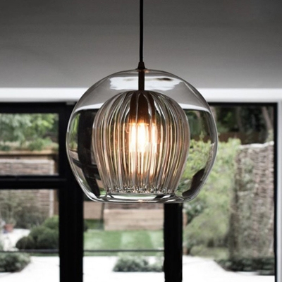 Gold Metal Cord Modern Living Room Pendant Ball Inner Ripped Glass Shade 1-Bulb Hanging Lamp