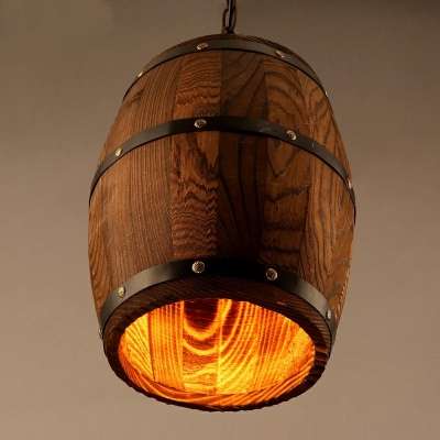 Industrial Barrel Shaped Pendant Light 1-Light Creative Decorative Hanging Light for Restaurants Bar in Dark Wood