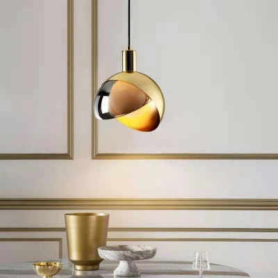 Macaron Metal Shade Pendant Nordic Restaurant Dome Lid Form 1-Bulb Hanging Lamp with Glass Shade in Gold