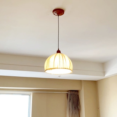 Nordic Hanging Light Circle Metal Ceiling Mount with 1 Light Bowl Burlap Shade Single Pendant for Bedroom