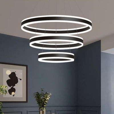 Post Modern Black Chandelier 39.5 Inchs Wide Tiered LED Light Acrylic Circular Ring Chandeliers for Dining Room