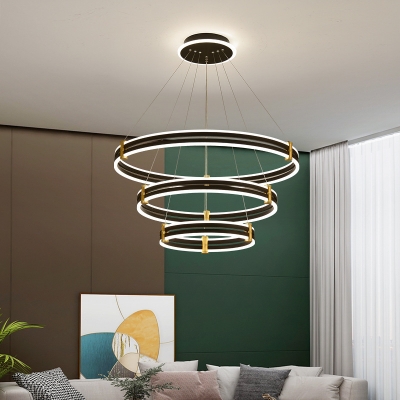 Post Modern Black Chandelier Tiered LED Light Aluminum Circular Ring Chandeliers in 3 Colors Light