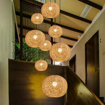 Rattan Cage Asian Style Restaurant Pendant Beige Globe Shaped 1-Bulb Hanging Lamp