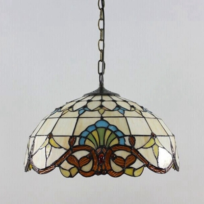 Stained Glass Bowl Pendant Lamp 1 Head Victorian Style 16 Inchs Wide Ceiling Light for Balcony in Beige